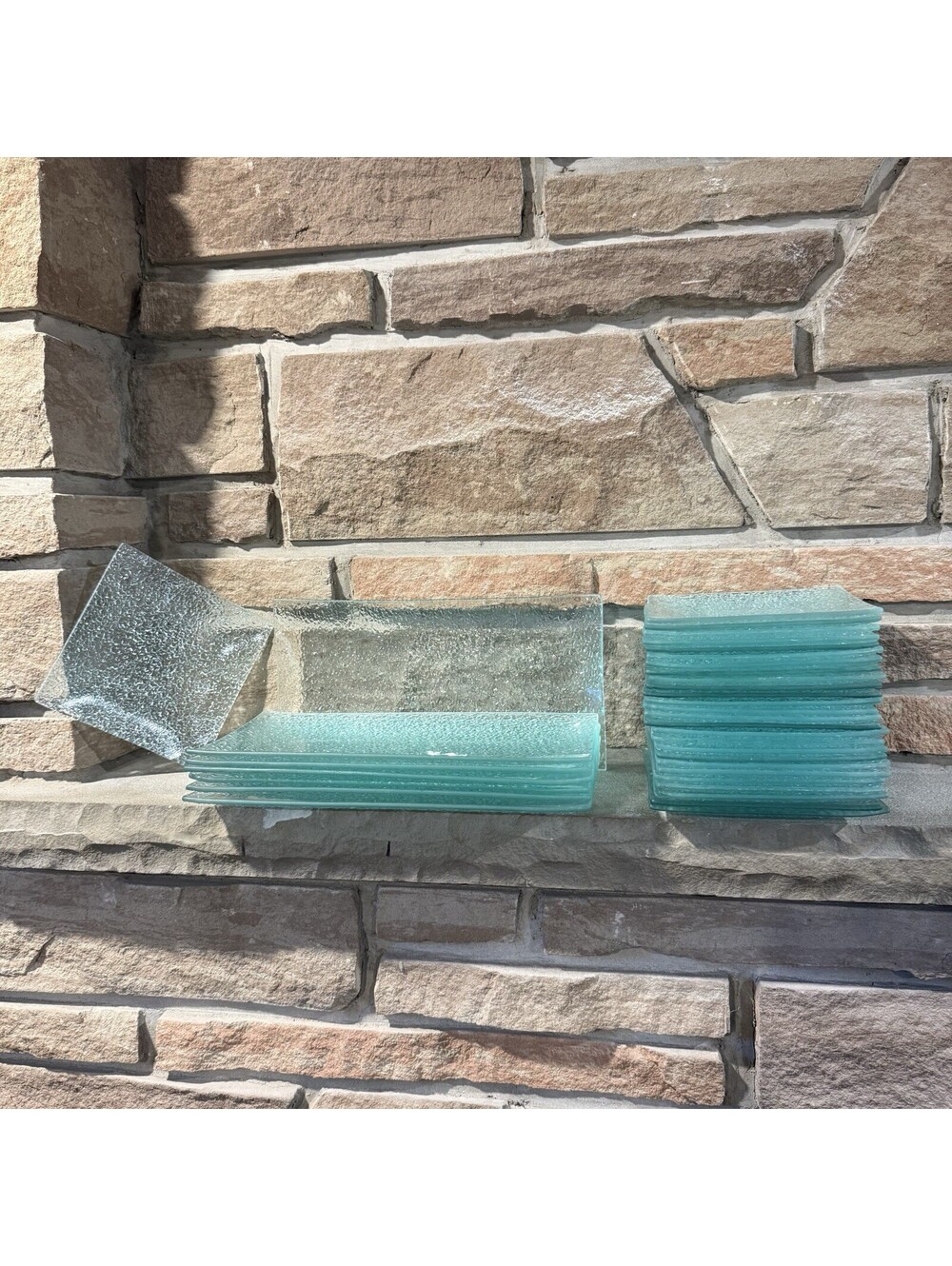 34pc Fused Art Glass Plate Platter Set Aqua Blue Teal Crackle Ice Texture
